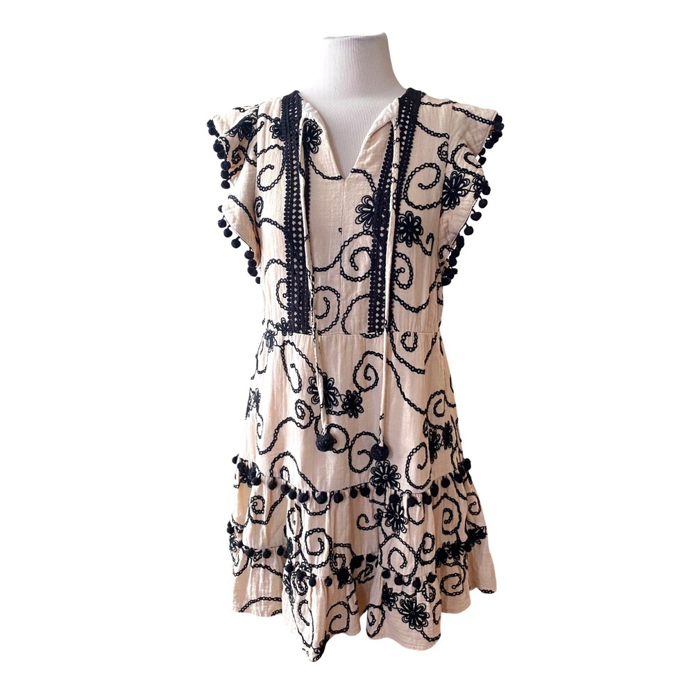 Joy Joy Embroidered Pom Pom Mini Dress Beige Black Boho Tiered XS cottagecore